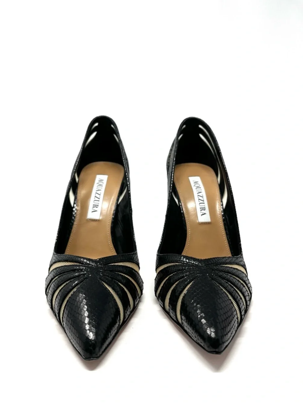 NEW Aquazzura The Spy Pump Black Pointed Toe Snakeskin High Heels Pumps 37.5 7.5